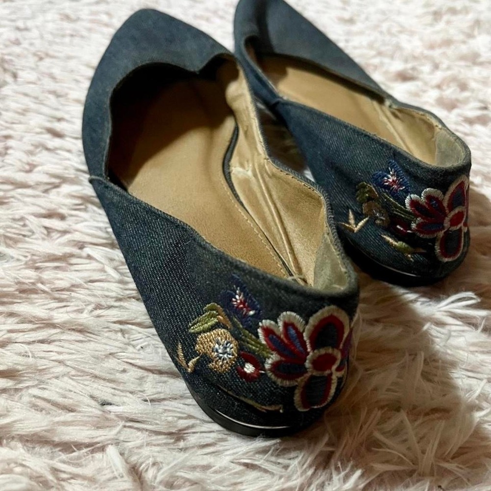 Floral Embroidered Denim Coquette Twee Pointed Toe Flats Womens 10 Feminine Soft